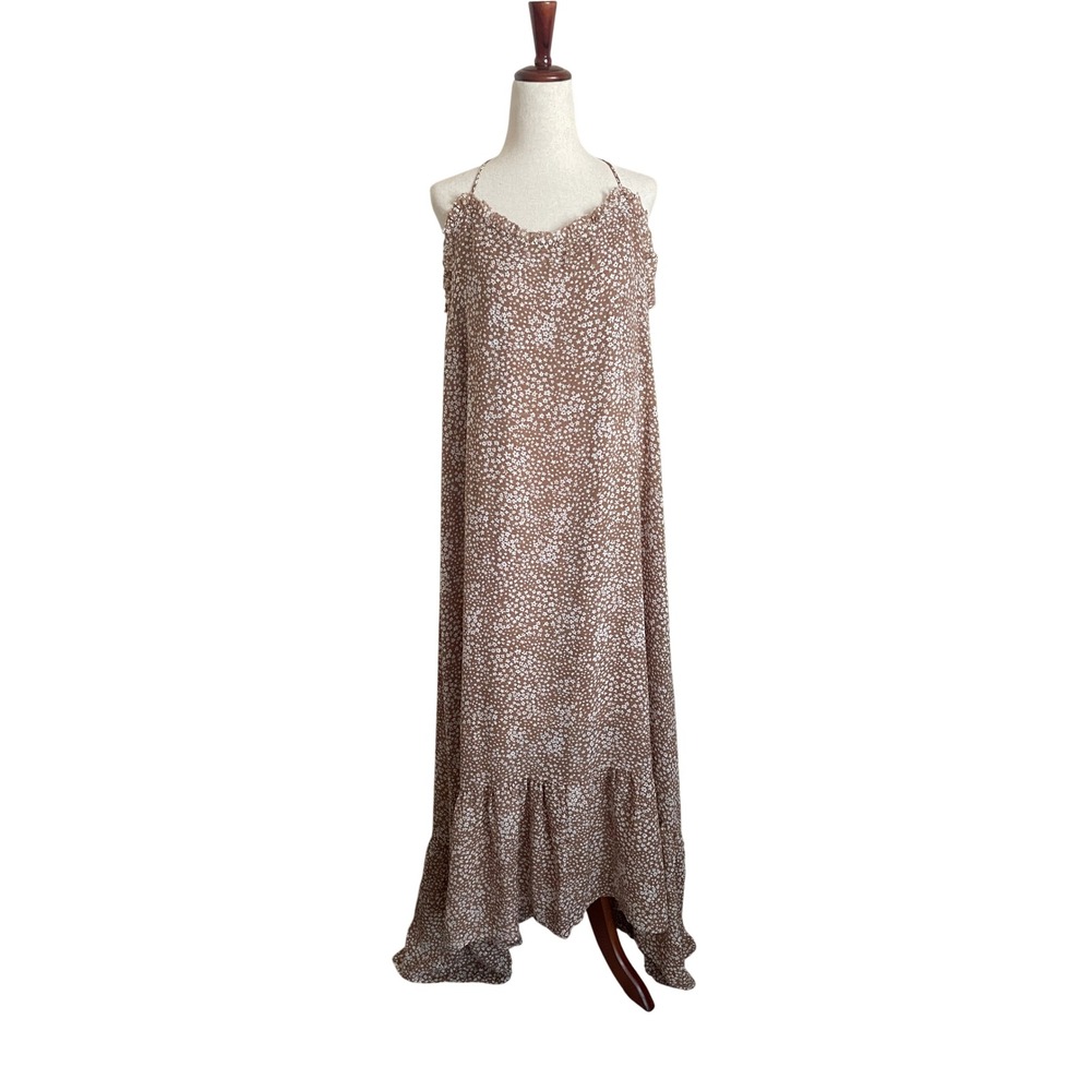 Brown Ditsy Floral Halter Maxi Dress Medium Ruffle Hem Boho Cottage Peasant‎